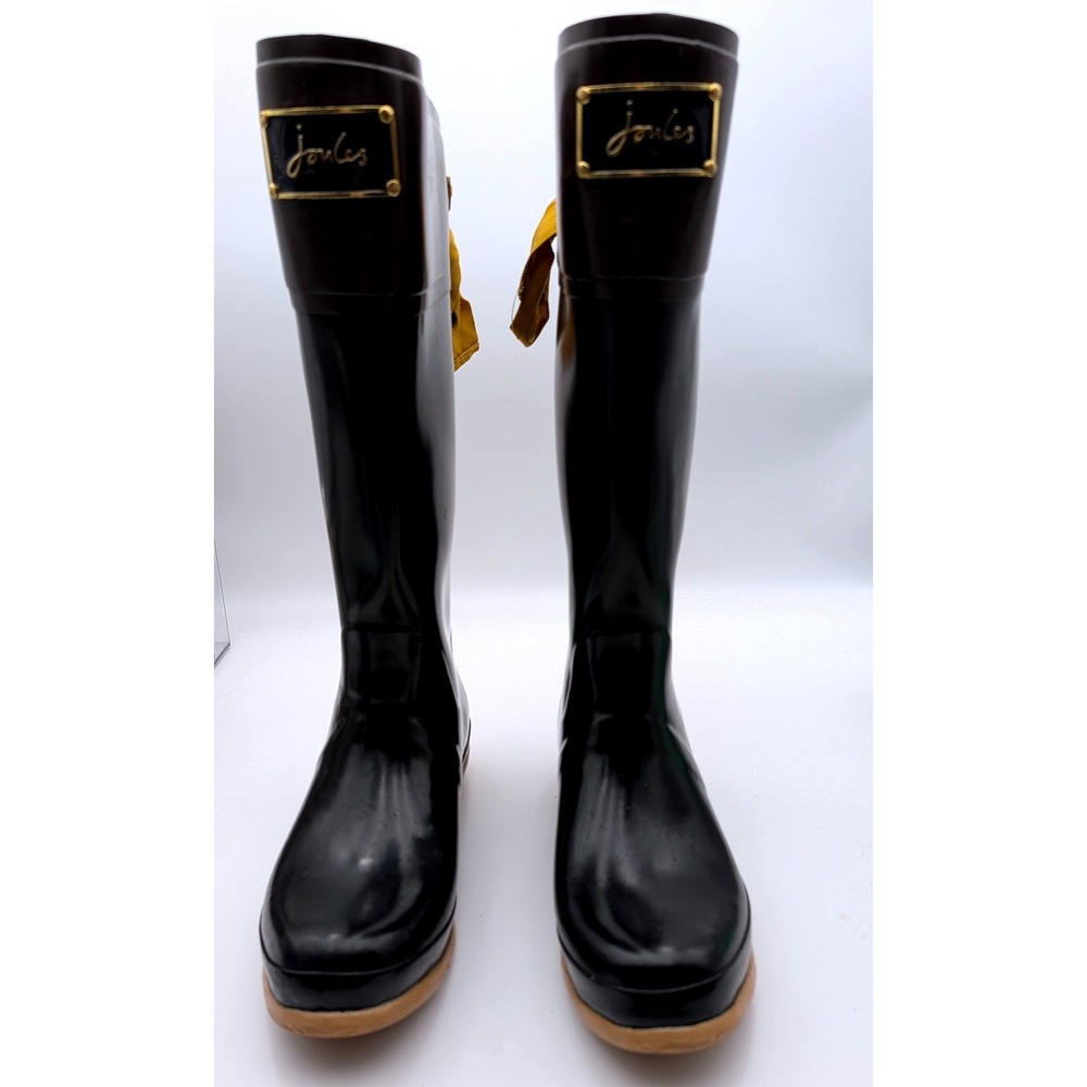 Joules Evedon Black Brown Rain Boots Ribbon Bow Floral Lining Womens 10 EU 42